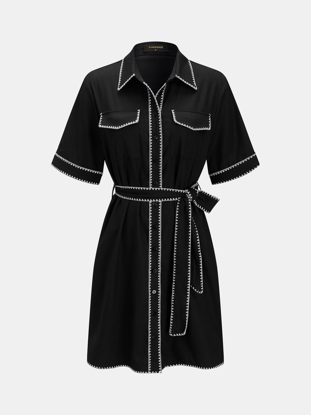 Commense Oversized Contrast Stitch Belted Shirt Dress Small Black NWT
